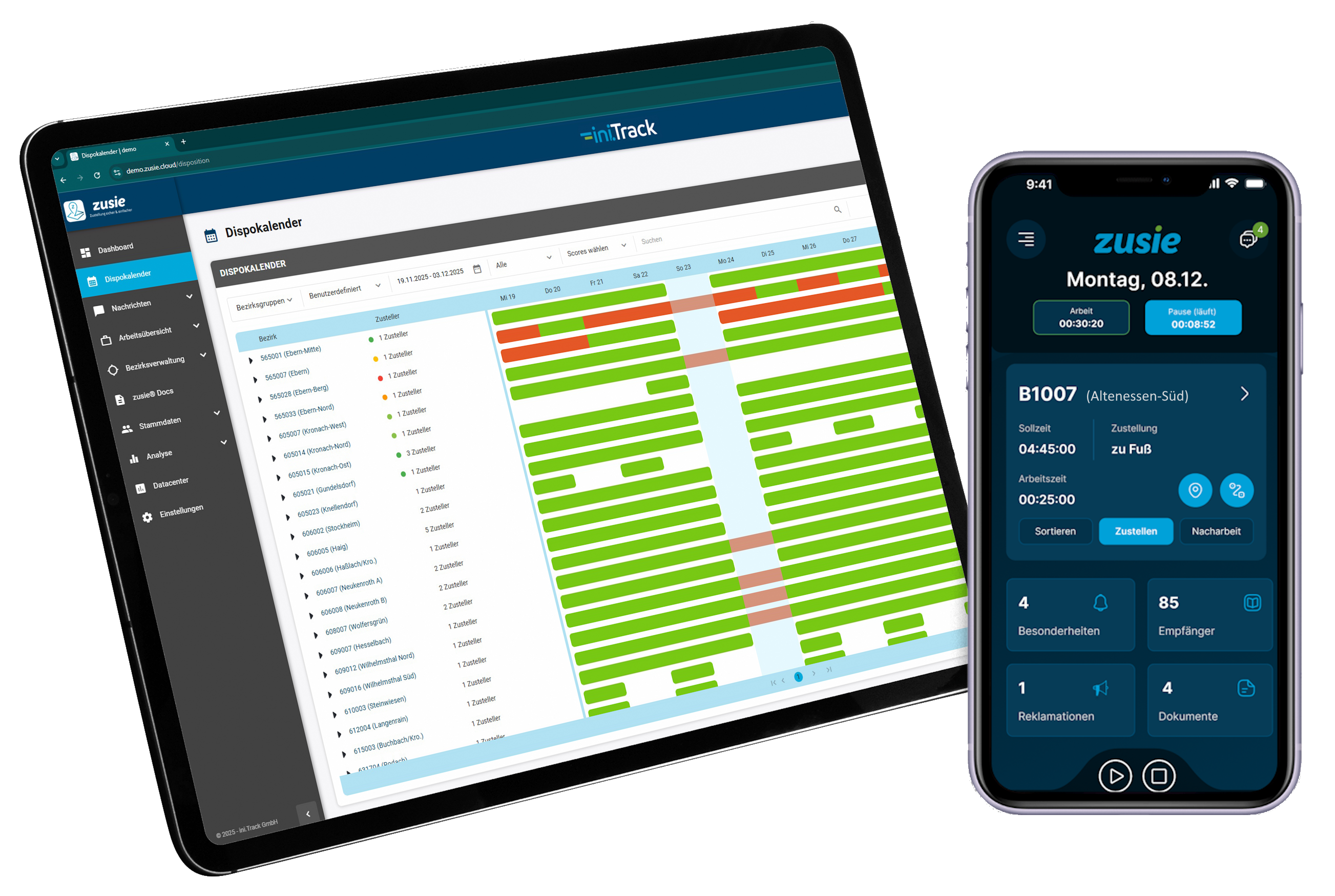 zusie® Webportal auf einem Tablet und zusie® App auf einem Smartphone