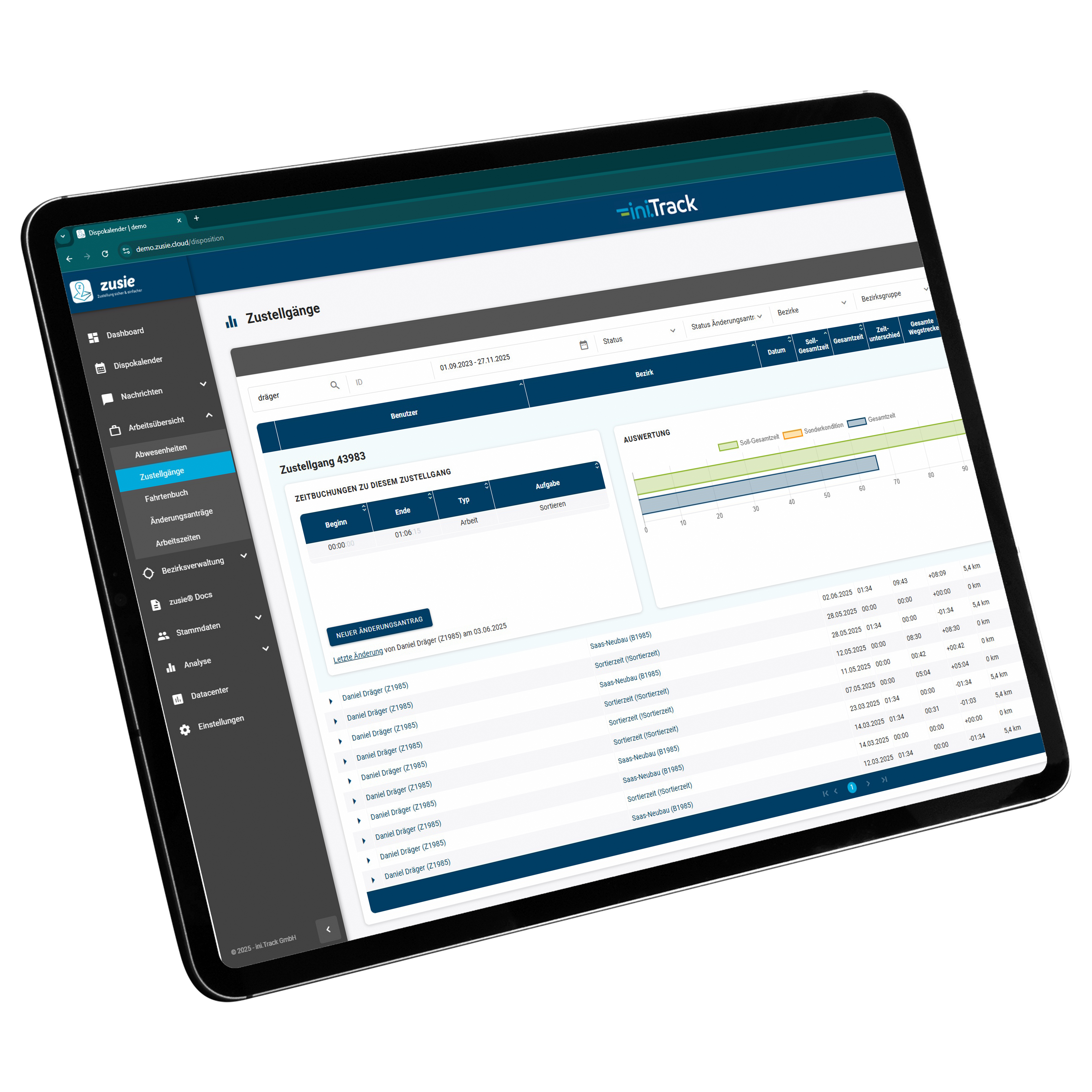 Tablet mit geöffneter Zustellgang- und Auswertungsansicht im zusie® Webportal