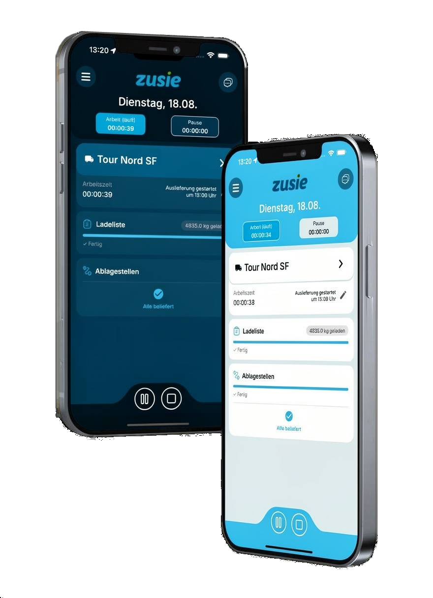 Zwei Smartphone-Ansichten der zusie® App mit Tour, Ladeliste und Abladestellen