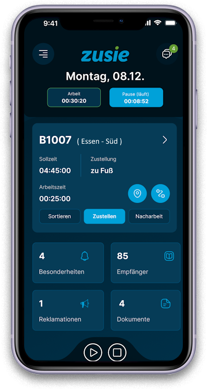 Arbeitszeiterfassung und Zustellübersicht in der zusie® App