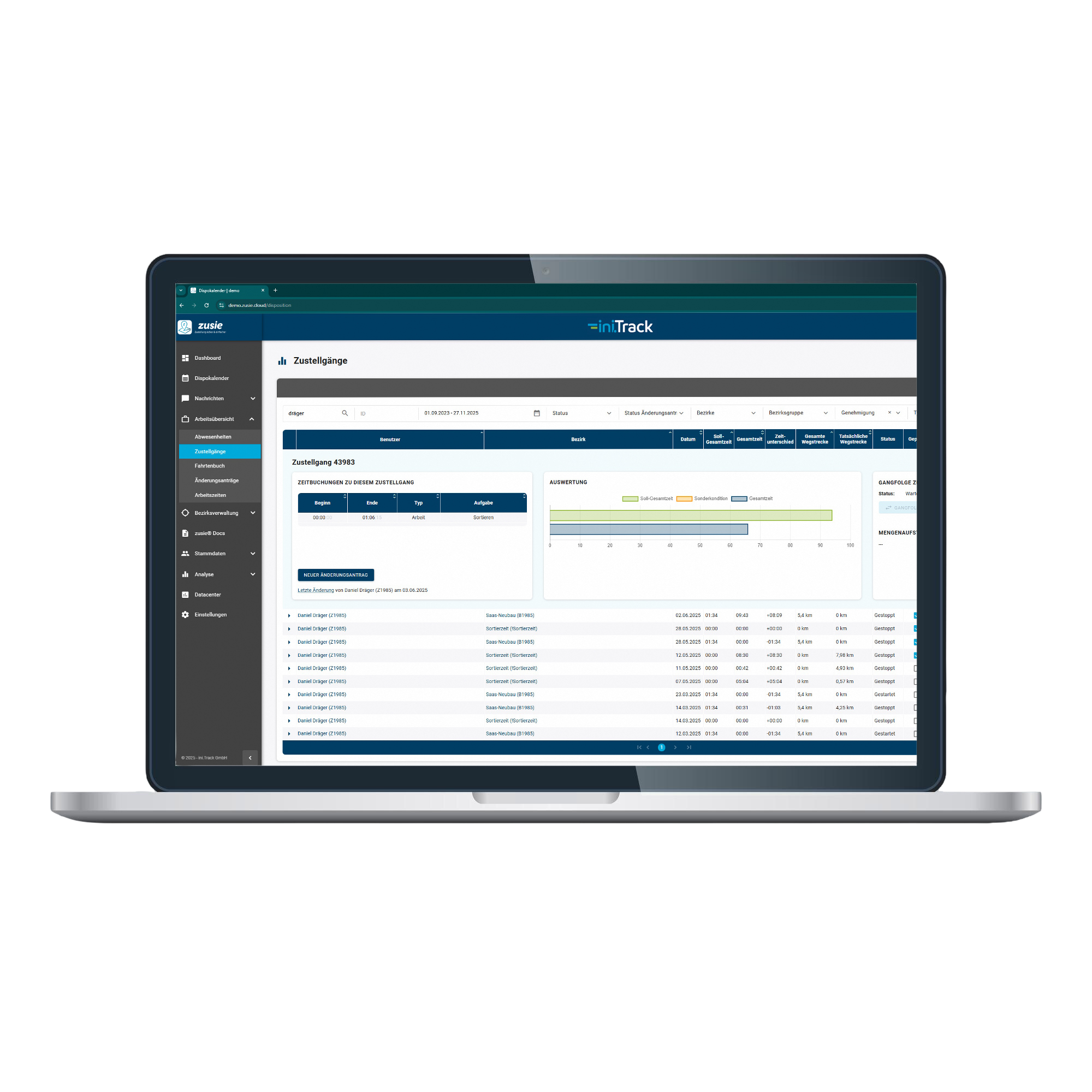 Zustellgänge und Zeitauswertung im zusie® Webportal auf einem Laptop